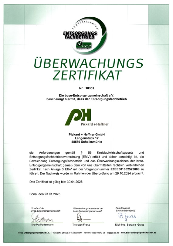 Pickard-Heffner-Zertifikat Entsorgungsfachbetrieb - gültig bis 04,2026