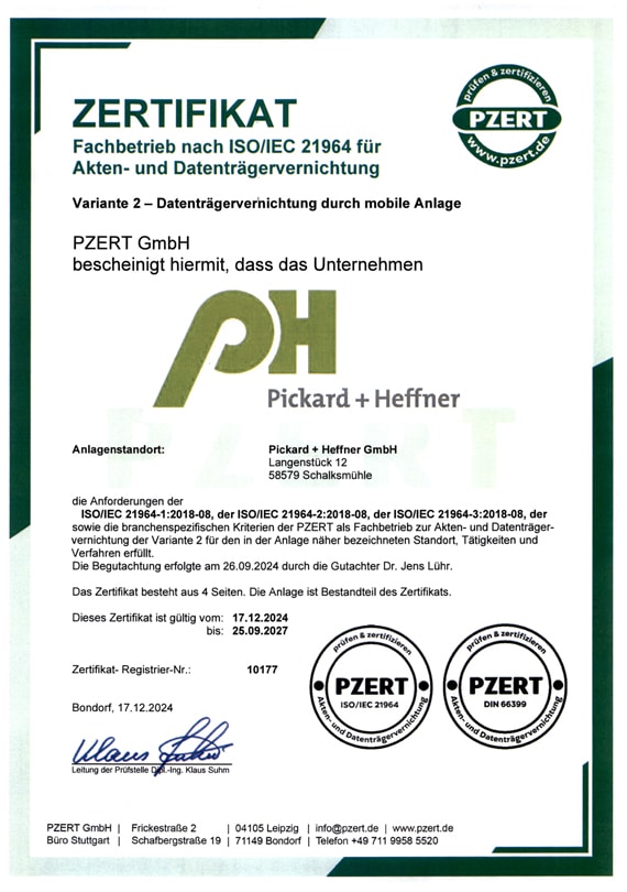 Zertifikat Pickard-Heffner – mobile Datenträgervernichtung - gültig bis-09-27