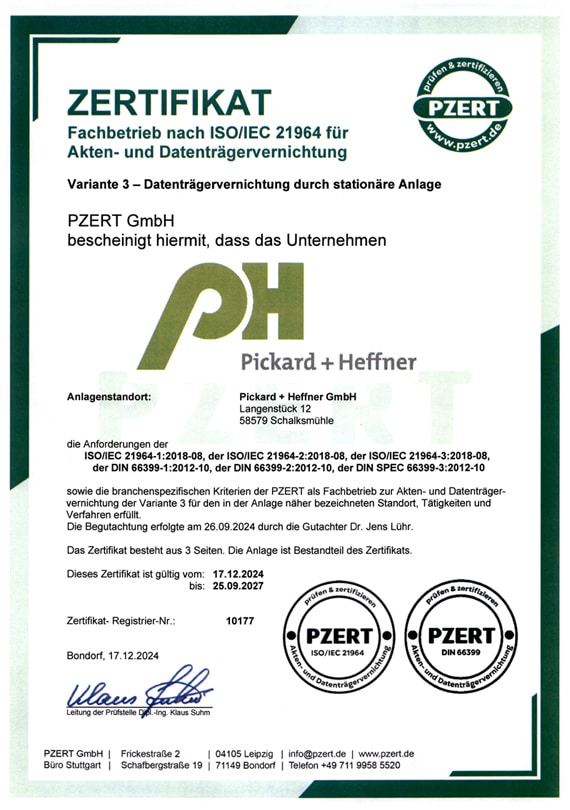 Zertifikat Pickard-Heffner – stationäre Datenträgervernichtung - gültig bis-09-27